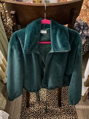 Sage Deep Green Teddy Zip-Up Jacket